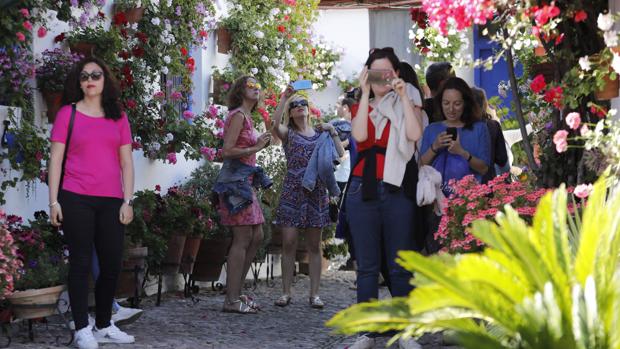 Un grupo de turistas visita e inmortaliza con sus móviles uno de los patios