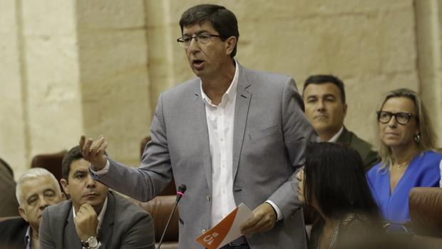 El líder andaluz de Ciudadanos, Juan Marín, durante una comparecencia en el Parlamento