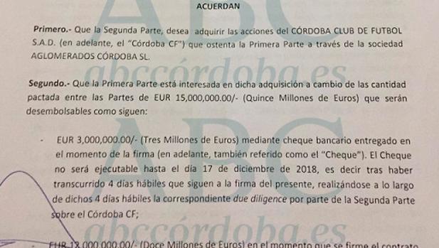 Imagen del preacuerdo de venta del Córdoba CF en la primera página