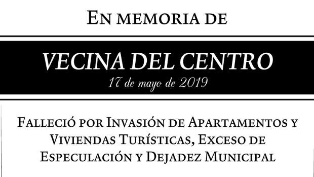 Parte de la esquela distribuida en la campaña en el centro de Málaga