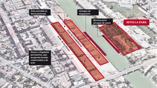 Situación que ocupará el nuevo muelle de ocio y restauración que se creará en el Puerto de Sevilla en los próximos años