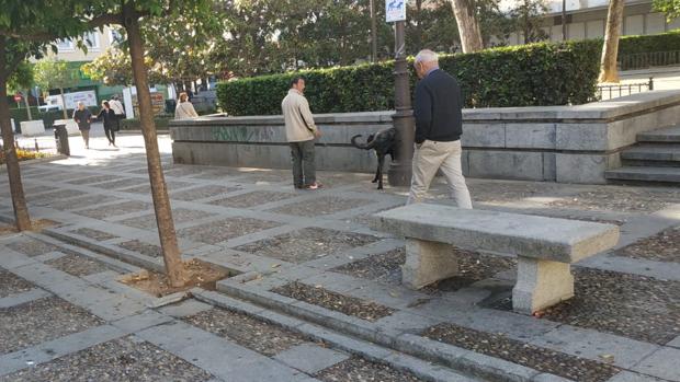 Uno de los cuatro bancos de hormigón que quedan junto a la fuente