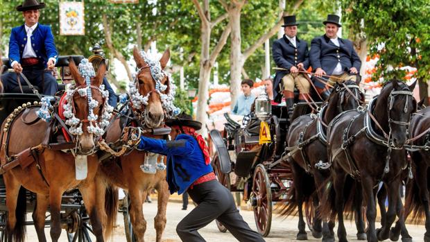 Varios coches de caballos, en el Real de la Feria