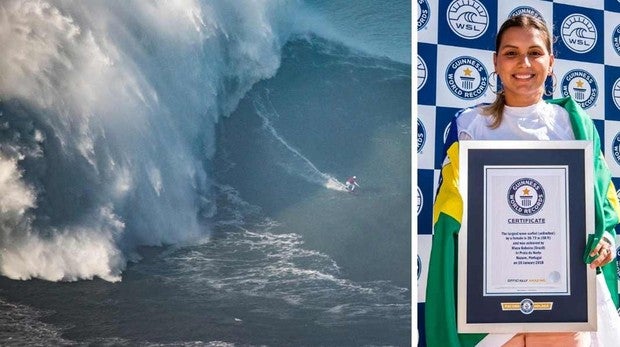 Maya Gabeira, con su record Guinness y en pleno esfuerzo, en la playa de Nazaré